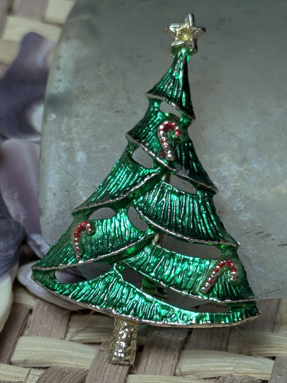 Vintage Signed BJ silver Tone Metallic Enamel Candy Cane Christmas Tree Brooch